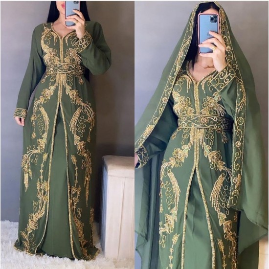 Fancy Moroccan Royal Kaftan Arabic Islamic Modern Bridal Floor Length Long sleeve Hand Zari Work Dress Party Wear