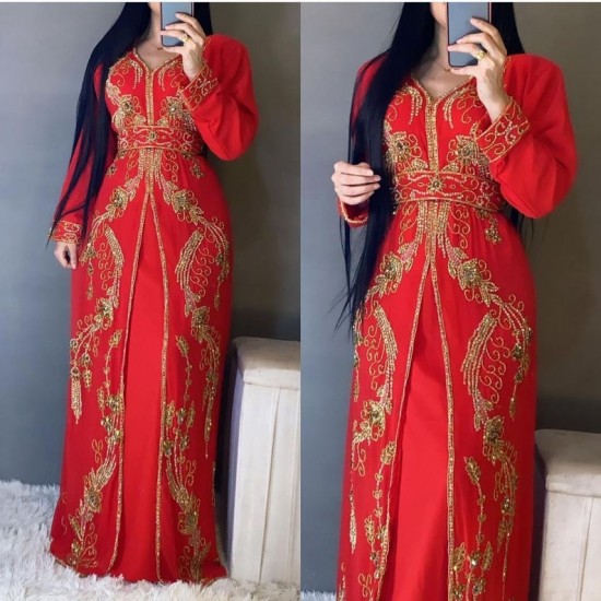 Dubai Moroccan Kaftan Arabic Islamic Modern Bridal Floor Length Long sleeve Hand Zari Work Dress Party Wear